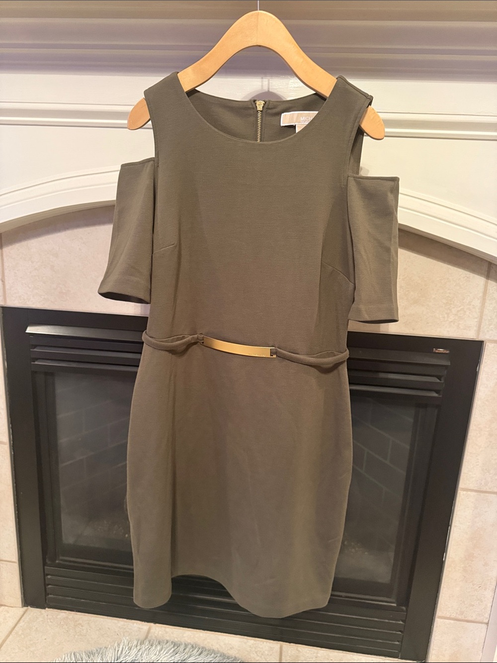 NWOT Michaels Olive Cold-Shoulder Sheath Dress with Gold Belt